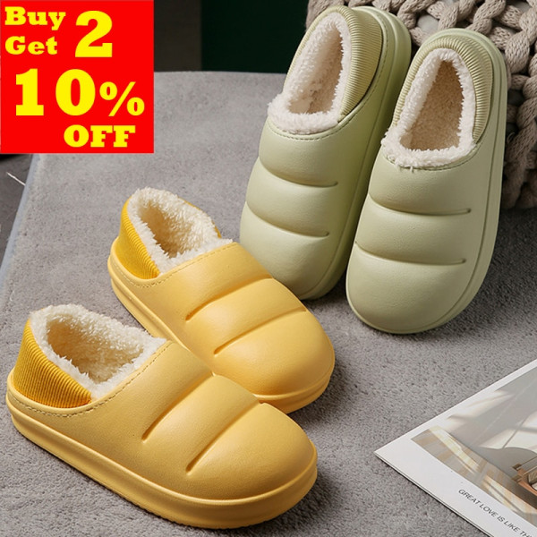 Winter Women Fur Slippers Waterproof Warm Plush Household Slides Indoor Home Thick Sole Footwear Non-Slip Solid Couple Sandals Beige 44-45