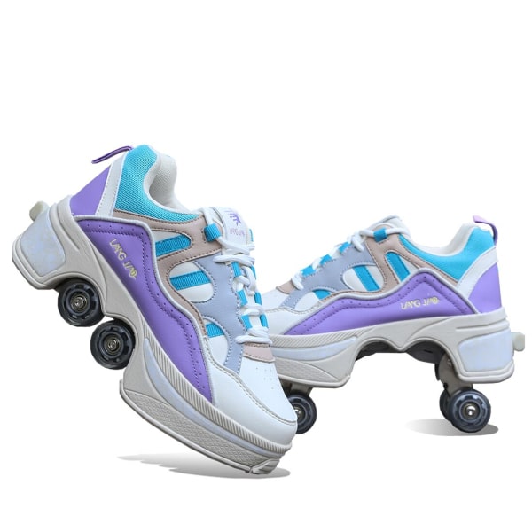 Casual Sneakers Walk Roller Skates Deform Runaway Four Wheel Skates for Adult Men Women Unisex Child Deform Wheel Parkour Shoes Auburn 37