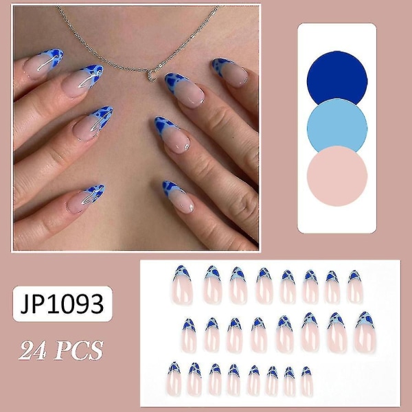 24pcs Glossy Blue False Nails Leopard Print French Nails compatible Women And Girls+kl