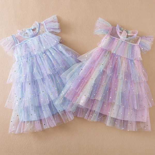 Girls Perform Sequin Rainbow Dress Children Princess Tutu Dress Summer Prom Mesh Dresses Kids Birthday Party School Casual Wear Army Green 4T