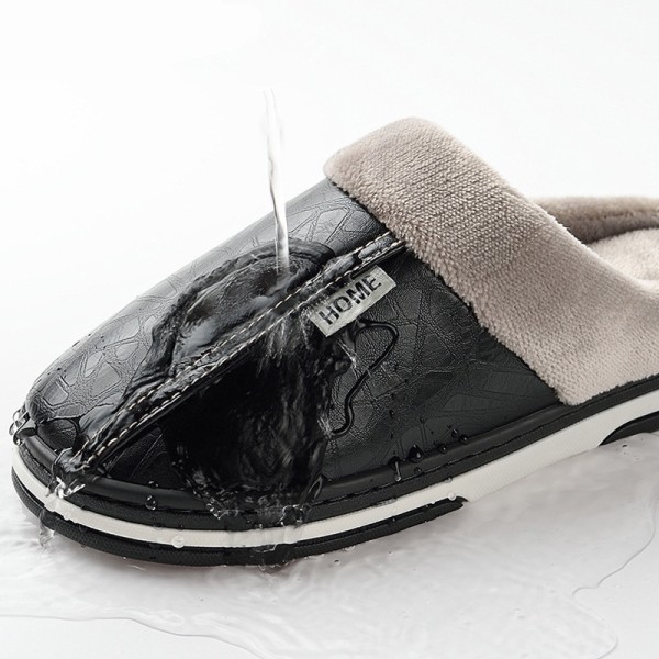 Men Slippers Indoor PU Leather Women House Waterproof Warm Home Fur Slipper Male Couple Shoes Fluffy Big Size Casual Slide Shoes Black 40-41 Suitable 39-40