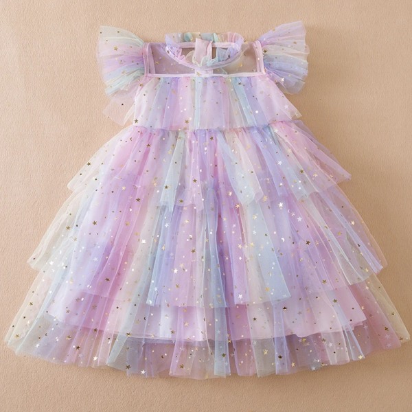 Girls Perform Sequin Rainbow Dress Children Princess Tutu Dress Summer Prom Mesh Dresses Kids Birthday Party School Casual Wear GRAY 6T