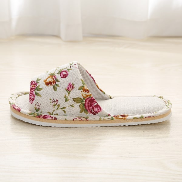 Floral Linen Home Slippers Soft Non-slip Foam Bottom Flip Flops Spring Autumn Indoor Couple Men Women Slides Casual Flat Shoes Beige 43