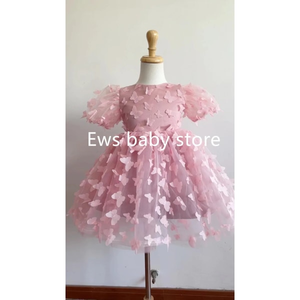 Fashion Baby Girl Dress Butterfly Puff Sleeve Child Tulle Princess Dress For Vestido Pageant Party Birthday A3743 Khaki 4T(110cm)