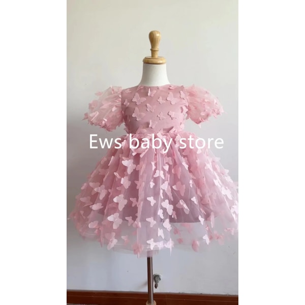 Fashion Baby Girl Dress Butterfly Puff Sleeve Child Tulle Princess Dress For Vestido Pageant Party Birthday A3743 Pink 3T(100cm)