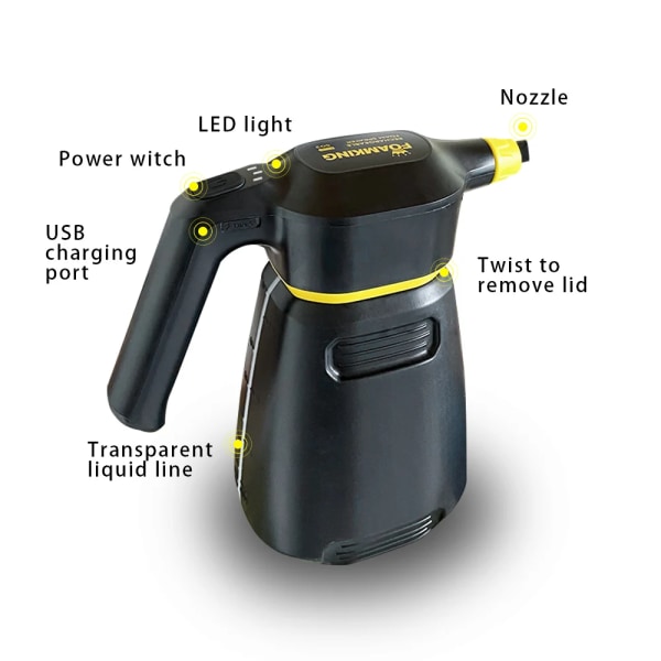 Electric Foam Sprayer Car Wash Motorcycle Clean Detailing Snow Cannon High Pressure Water Gun Generator Lance Wap Manual Black Battery Powered