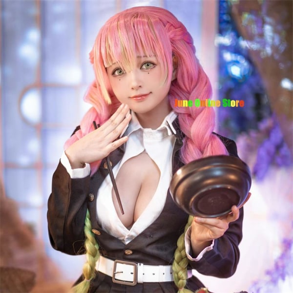 Anime Demon layer Kimetsu No Yaiba Kimono Kanroji Mitsuri Cosplay Costume Kisatsutai exy Clothes Women Halloween Costume wig Gold S