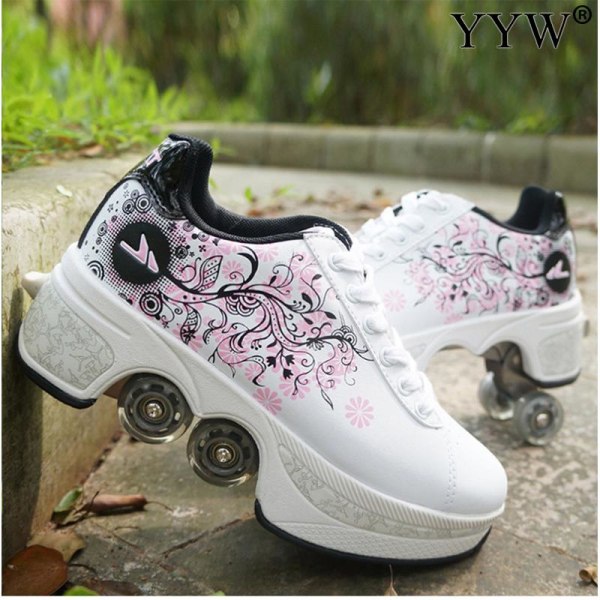 Casual Sneakers Walk Roller Skates Deform Runaway Four Wheel Skates for Adult Men Women Unisex Child Deform Wheel Parkour Shoes Ivory 35