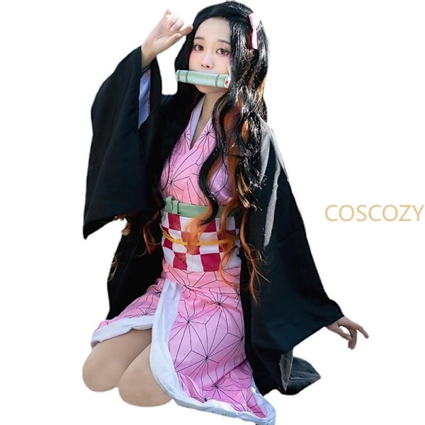 Anime Demon Slayer  Cosplay Costume Kimono Kimetsu No Yaiba Kamado  Costume Wig Womens Girls Kimono Uniform Clothes Beige 150cm