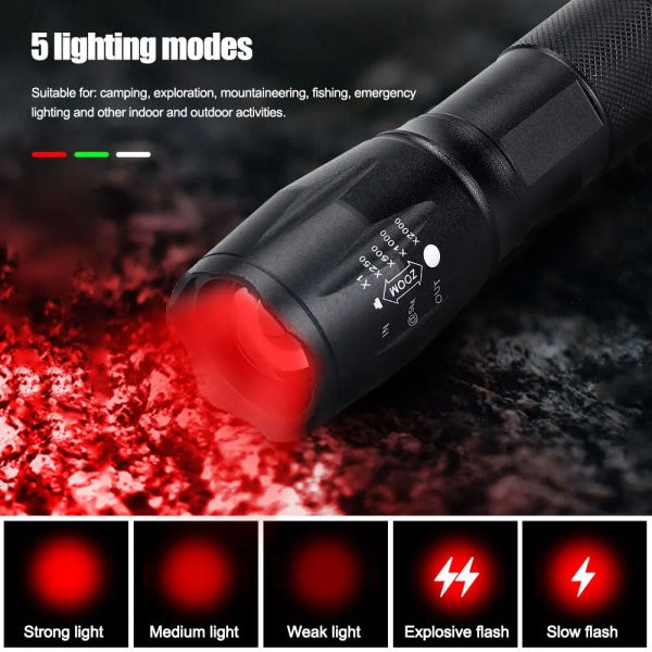 Tactical Green/Red/White Light LED Hunting Flashlight Zoomable Torch Waterproof Outdoor Camping Fishing Lamp Green No Battery