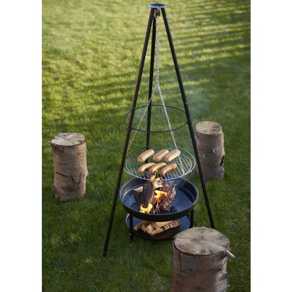 Tripod portabel eldstad utomhus med justerbar hängande grill