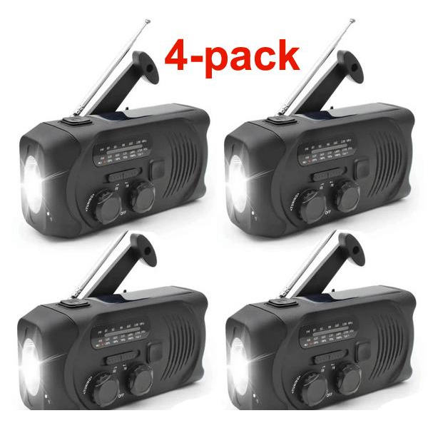 4 st. Svarta Vevradio med Solceller, Ficklampa och 2000mAh Powerbank Nödradio, Överlevnad Svart