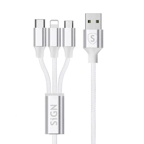 SiGN 3-i-1 Kabel 0,25m - Lightning, USB-C, Micro-USB 5V, 3A - Vi Vit