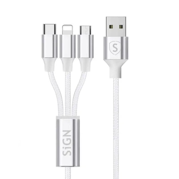 SiGN 3-i-1 Kabel 0,25m - Lightning, USB-C, Micro-USB 5V, 3A - Vit Vit