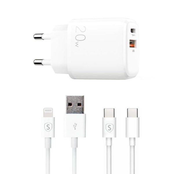 SiGN Snabbladdare PD & Q.C, 3.5A 20W, USB-C & Lightning Kabel, 1m Vit