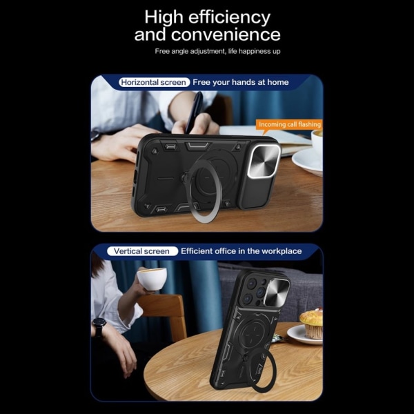 iPhone 15 Pro skal med stativ och kameraskydd - Svart Svart