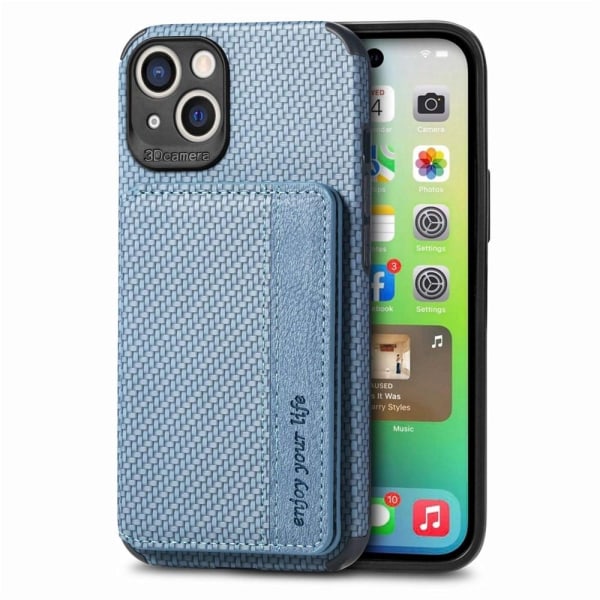 iPhone 14 Carbon Fiber Texture Skal med Korthållare - Blå Blå