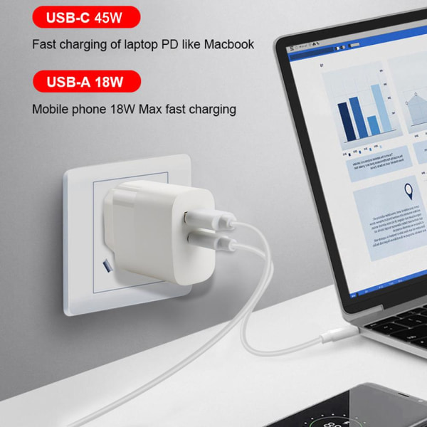 SiGN GaN Snabbladdare USB-A & USB-C, för Smartphone & Laptop, 45 Vit