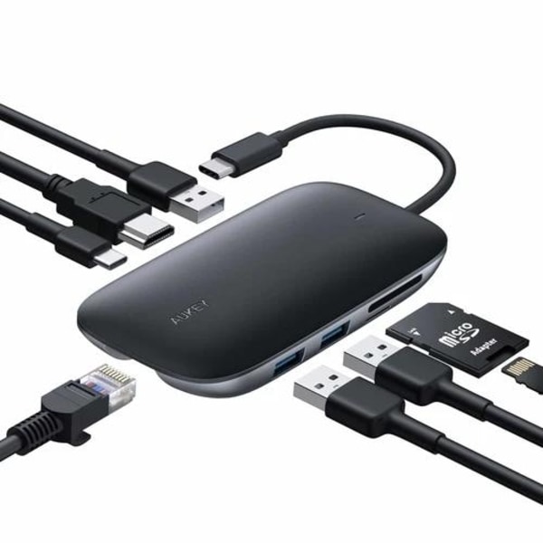 USB-C Hubb AUKEY 8-in-1 , 3xUSB-A 3.0, HDMI 4K, SD/TF - Svart Svart
