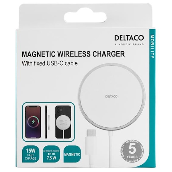 Deltaco Wireless Charger with MagSafe for iPhone & Android, 15W - White Vit