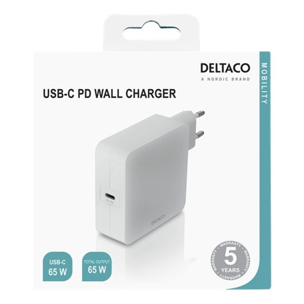 Deltaco 65W Laddare, USB-C PD, Snabbladdning, MacBook, iPhone m. Vit