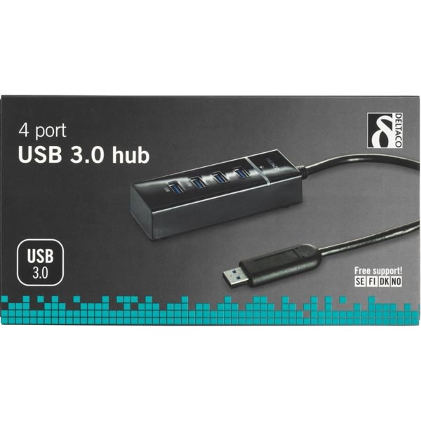 DELTACO USB 3.0 hub, 4-ports, aluminium, black Svart