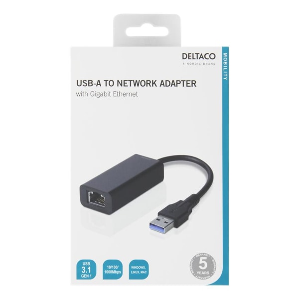 Deltaco Adapter USB-A 3.0 till Nätverksadapter - Svart Svart