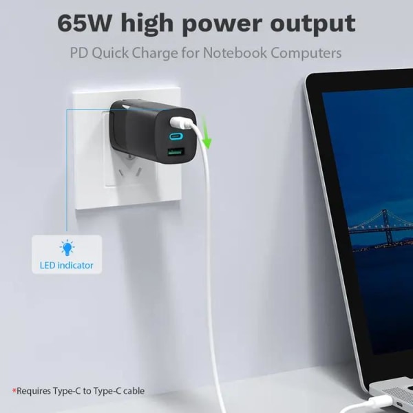 Laddare 65W, USB-C PD, Snabbladdning, MacBook Air, iPhone - Vit Vit