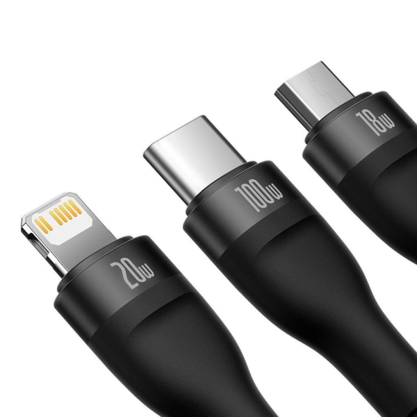 Baseus 3-i-2 USB/USB-C till Lightning/Micro/USB-C 100W, 1.2m Svart