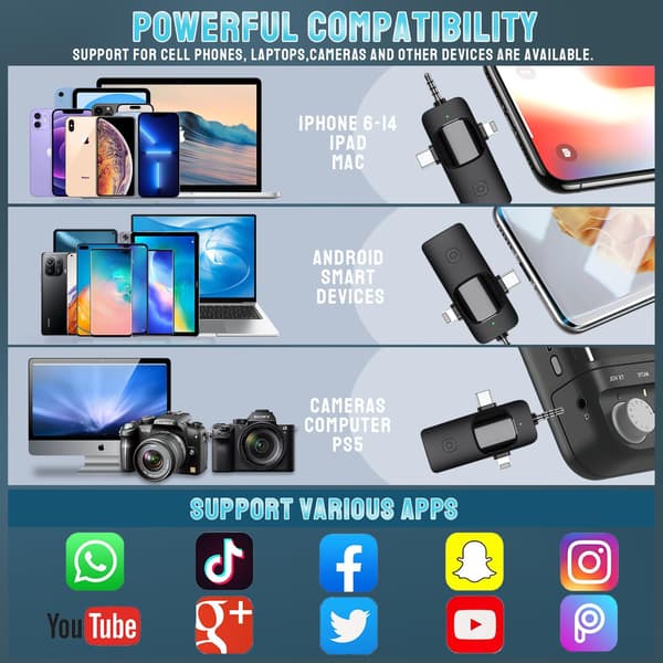 Trådløs mikrofon til iPhone Android Kamera iPad, 3-i-1 Dobbelt Professionel Lavalier Mini Mikrofon med USB-C Plug Play til Video YouTube TikTok