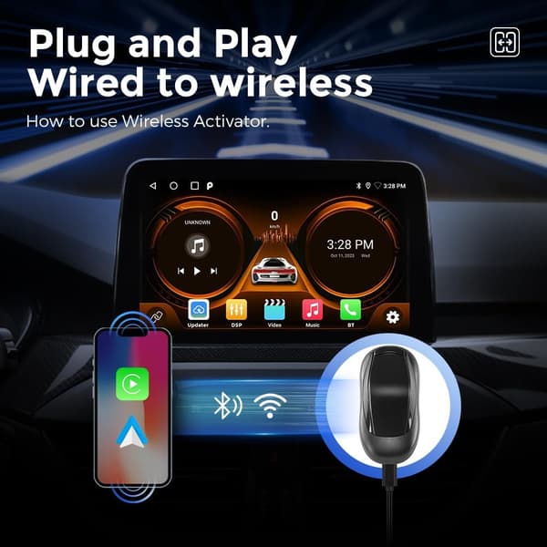 Langaton Android Auto CarPlay -sovitin Android-puhelimille iPhoneille, C-tyypin pistokesovitin avoimella Android-järjestelmällä ja GPS:llä