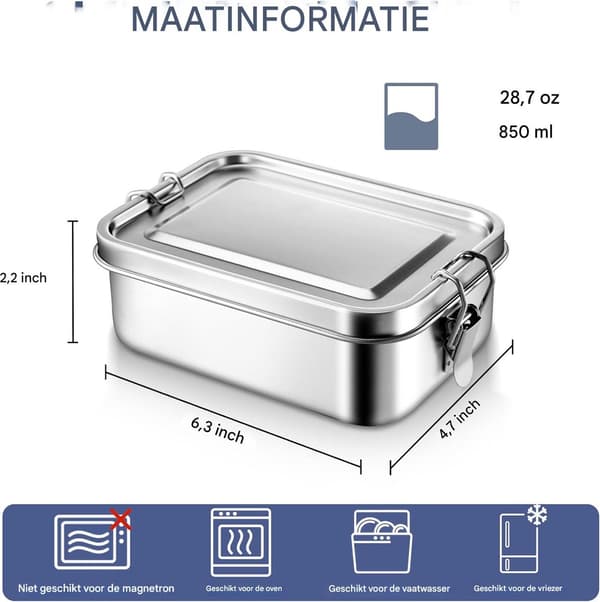 Madkasse i rustfrit stål 850 ml - Lækagesikker Bento Box med sikker låseclips, holdbart og kompakt design