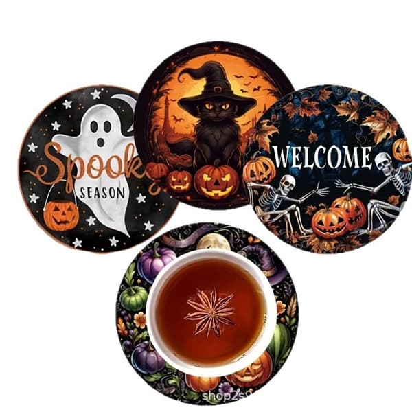 Halloween Træunderlag Sæt 8 Stykker Græskar Spøgelse Design til Hjemmekontor Indretning 8pcs