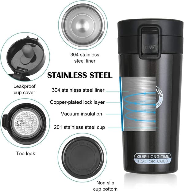 Premium Rejsekrus i Rustfrit Stål 380ml Sort Isoleret Kaffe Te Kop To Go