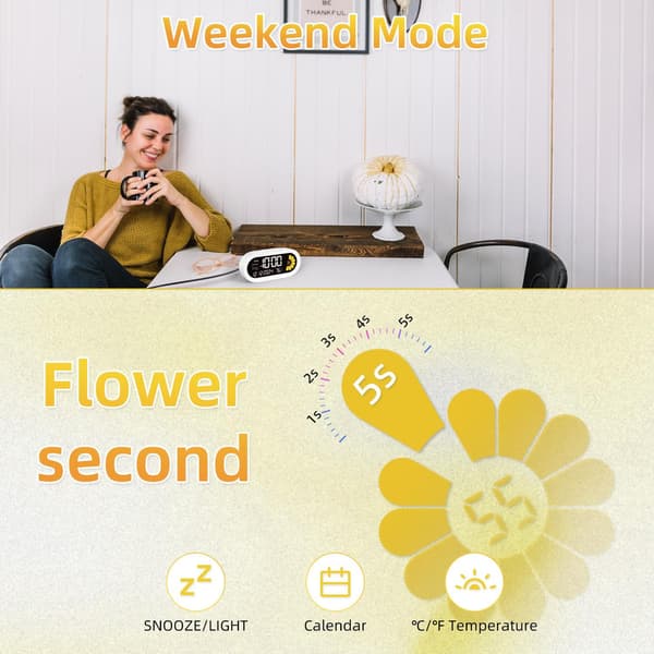 Digitalt vækkeur, VA LCD og visuel blomstersekunder skrivebordsur, stort display, let at indstille ur med 9 minutters snooze, 12/24 timer