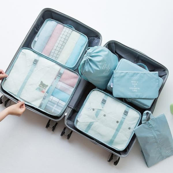 Reise pakkekubesett – Koffertorganisering for klær, sko og toalettsaker Sky Blue 7pcs