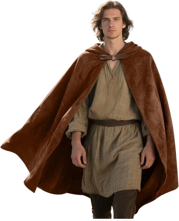 Fløjls-hættekappe til mænd og kvinder, middelalderlig renæssance-kostumekappe til Halloween og Cosplay Brown