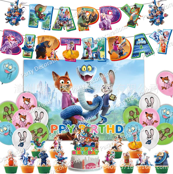 Zootopia 2 Bursdagsfestdekorasjonssett, vimpelbanner, kaketopper og ballongsett for barnefeiring 16 balloons