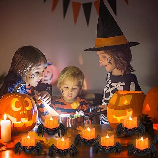 Halloween LED flammeløse telys, 4 flammeløse edderkopplys, fl