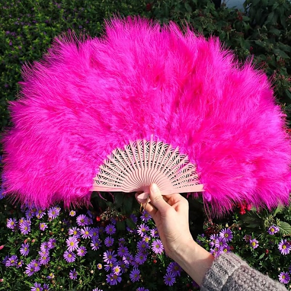 Marabou-höyhenviuhka, 1920-luvun vintage-flapper-höyhenviuhka, kokoontaitettava kädessä pidettävä viuhka naisille Halloween-asuun retrojuhliin tanssitarvikkeeksi (Fuksia)