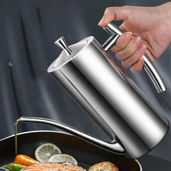 olivenoliedispenser og køkkankande i rustfrit stål (700 ml), lækagesikker olieflaske med design i ét stykke og lang smal tud for præcis