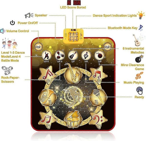 Dansematte, danseleke gave til barn jenter gutter 3-12 år, dansepute med trådløs Bluetooth, 9 utfordringsspillmoduser - Perfekt Gold