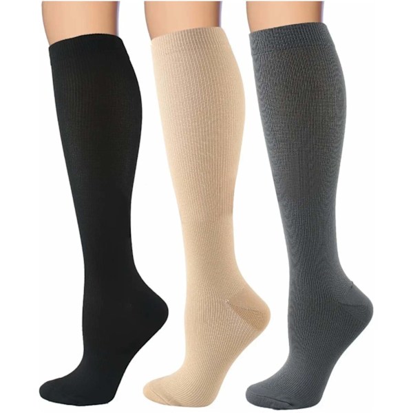 3 par kompressionsstrumpor Ren färg Öka blodflödet Andningsbar nylon Löpning för vuxna Svart Hudfärg Grå L XL