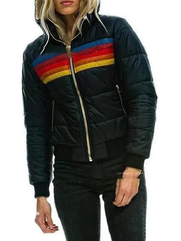 Dame Regnbue Lynlås Vinter Dunjakke Polstret Casual Stribet Jakke med Hætte Sort Sort Black XS