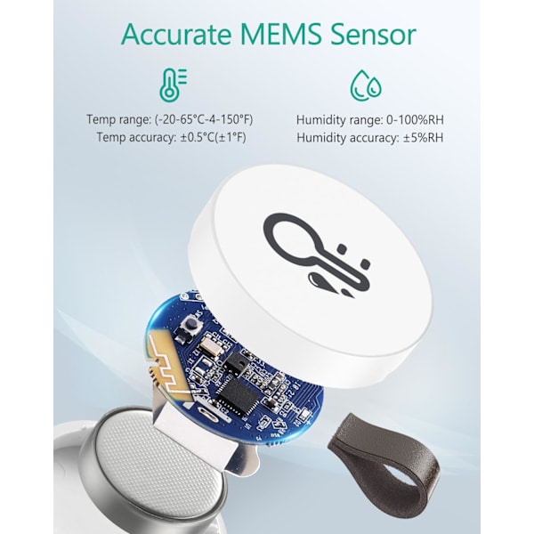 Trådløst termometer, mini Bluetooth 5.0 fuktighetssensor, støtter dataeksport og varsler for iOS og Android, egnet for hjem, etc.