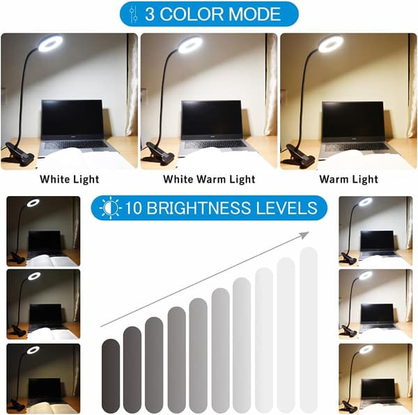 USB LED Skrivebordslampe med Klemme, 3 Farvetilstande 10 Dæmpbare Lysstyrker Øjenbeskyttelse Læselampe Justerbar til Studier Arbejde Videokonference (Sort)