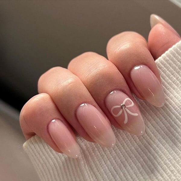 24 kpl lyhyitä tekonaula - Pinkki ranskalaiset tekonaula paina kynnet - Full Cover White Almond Stick On Nails - Ranskalaiset tekonaula