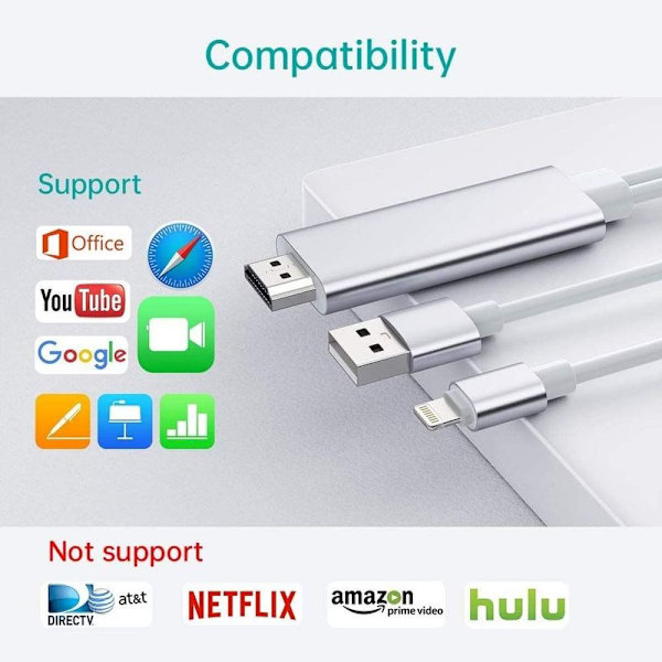 Lightning til HDMI Kabel Adapter, iPhone iPad til TV, 1080p