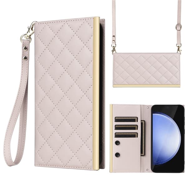 SKALO Samsung S25 FE Gold Edge Quilted Shoulder Strap Wallet Case - Beige Beige beige
