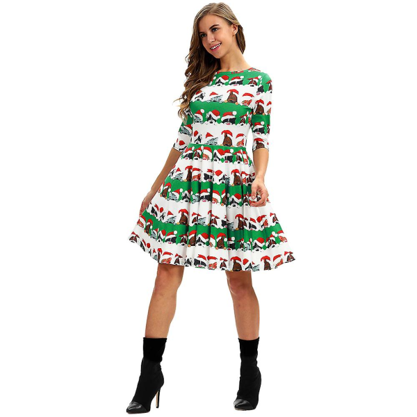 Ohpa Kvinnors Klänning Julklänning 1/2 Ärm Knälång Klänning Kvinnors Modekläder Jul A-Linje Klänning-Röd Tomte Klänning（XL Vit）